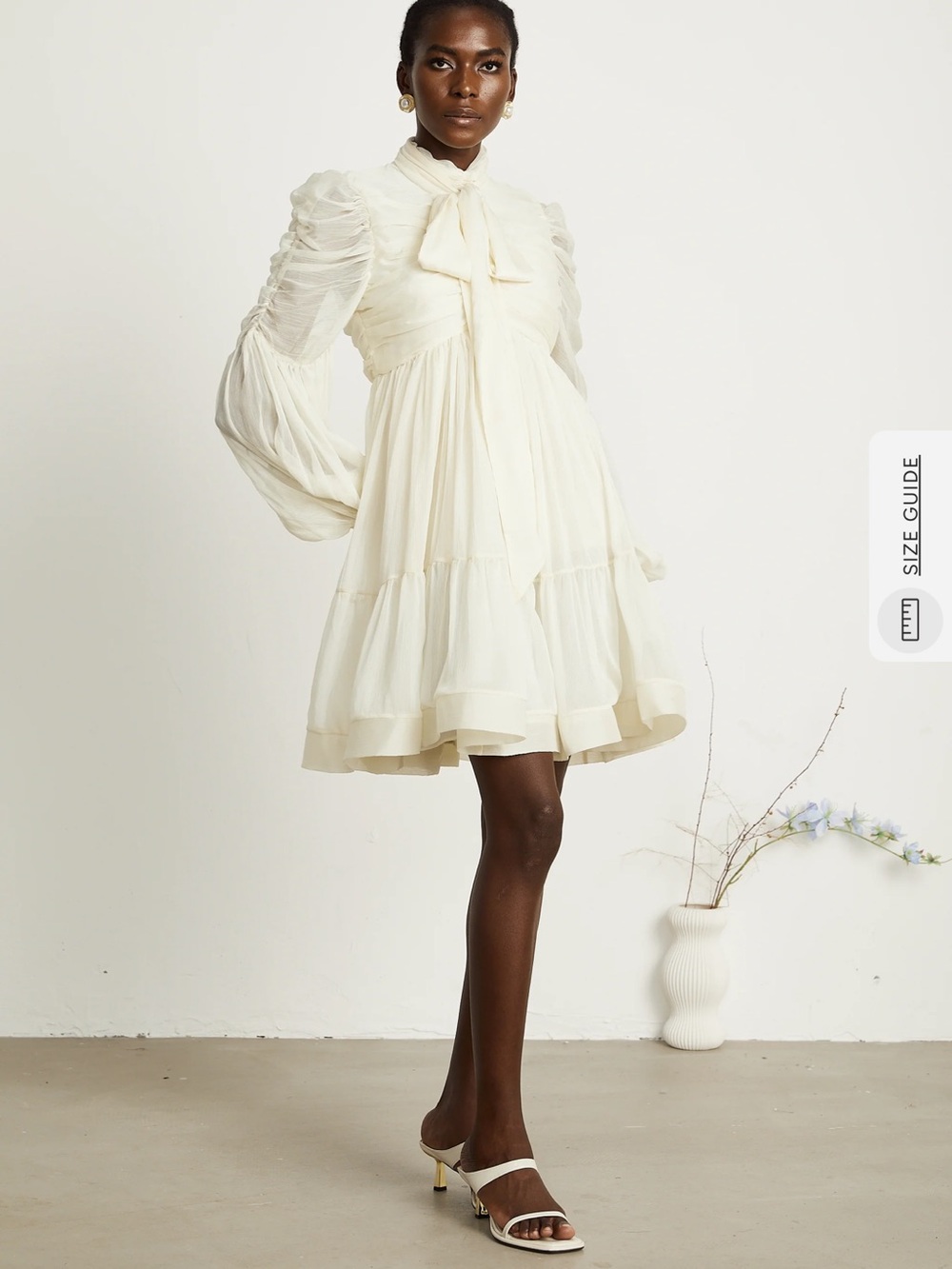 Ivory Tie-Neck Long Sleeve Mini Dress - Picture 6 of 11